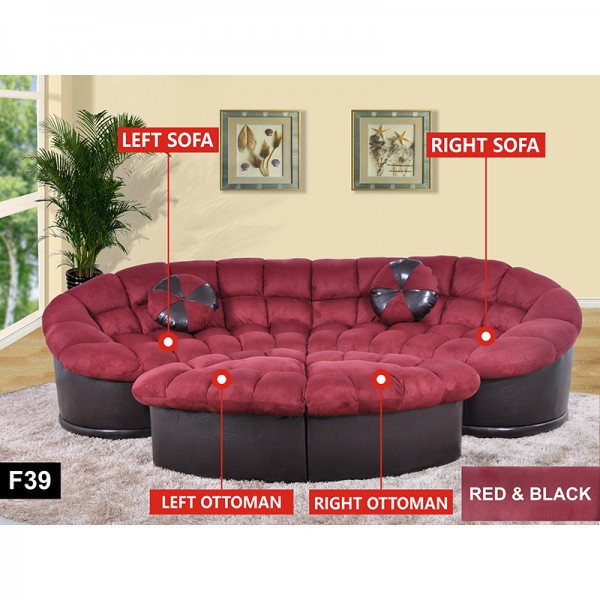 US Red/Black Flannel And Semi PU Synthetic Leather 4-Piece Living Room Sofa Set